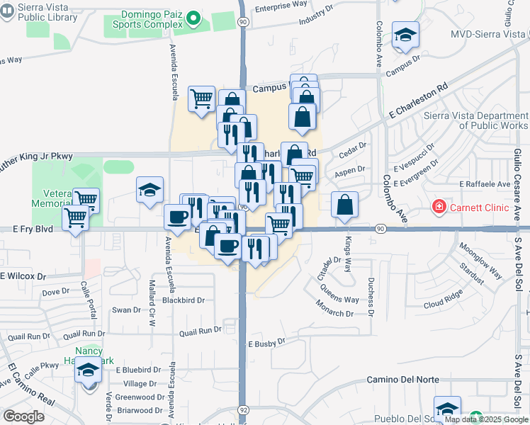 map of restaurants, bars, coffee shops, grocery stores, and more near in Sierra Vista