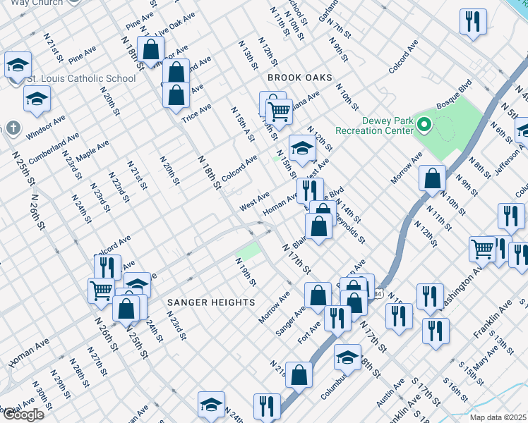 map of restaurants, bars, coffee shops, grocery stores, and more near 1107 North 17th Street in Waco