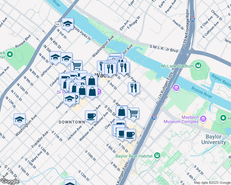 map of restaurants, bars, coffee shops, grocery stores, and more near 418-498 South 3rd Street in Waco