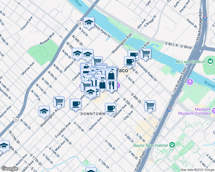 map of restaurants, bars, coffee shops, grocery stores, and more near 506 Franklin Avenue in Waco