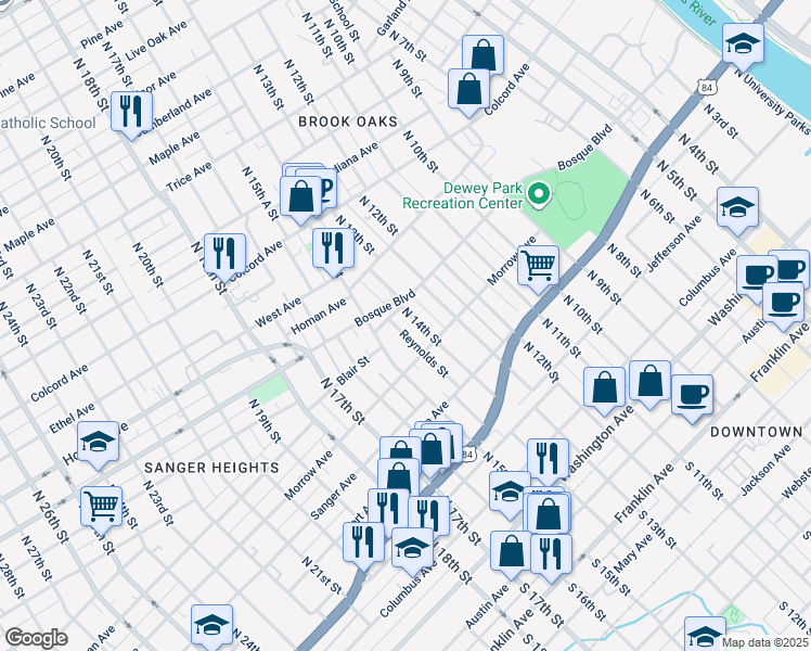 map of restaurants, bars, coffee shops, grocery stores, and more near 920 Reynolds Street in Waco