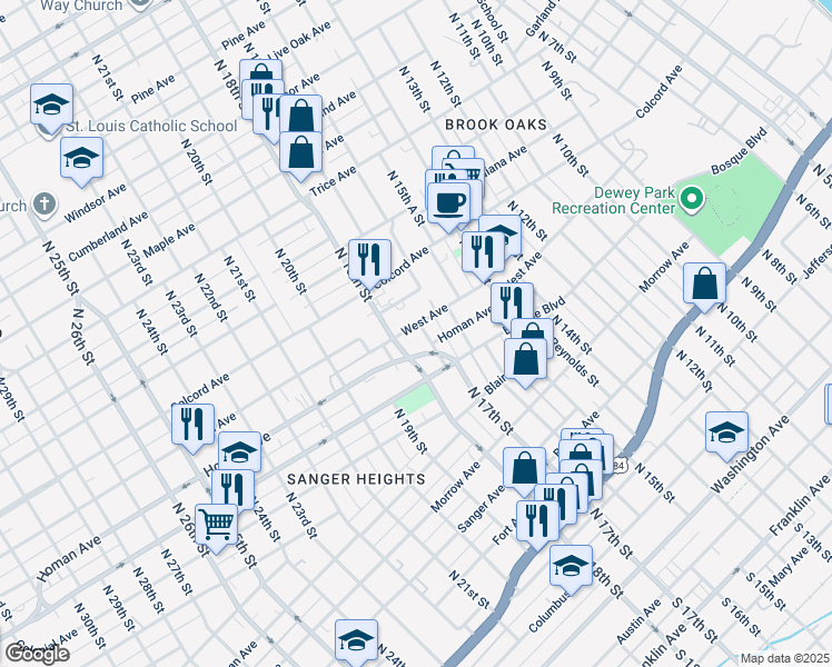 map of restaurants, bars, coffee shops, grocery stores, and more near 1107 North 17th Street in Waco