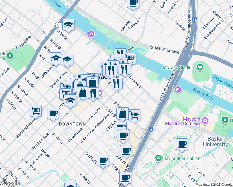 map of restaurants, bars, coffee shops, grocery stores, and more near 418-498 South 3rd Street in Waco