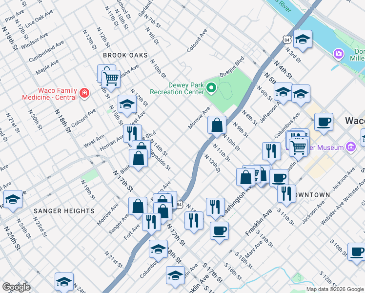 map of restaurants, bars, coffee shops, grocery stores, and more near 729 N 13th St in Waco