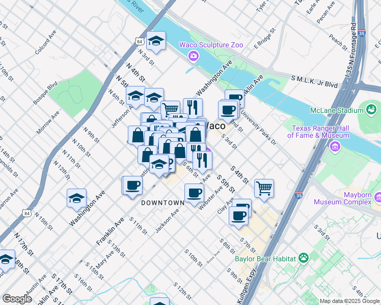 map of restaurants, bars, coffee shops, grocery stores, and more near 506 Franklin Avenue in Waco