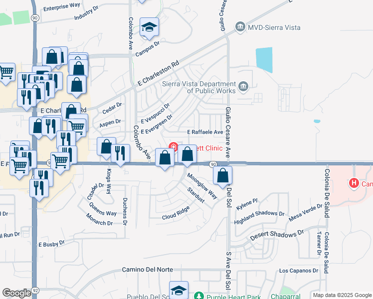 map of restaurants, bars, coffee shops, grocery stores, and more near 5019 East Cielo Circle in Sierra Vista