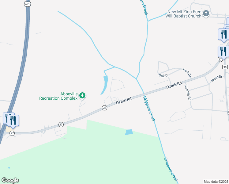 map of restaurants, bars, coffee shops, grocery stores, and more near 104 Jefferson Drive in Abbeville