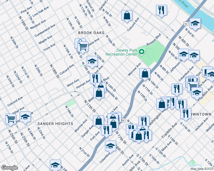 map of restaurants, bars, coffee shops, grocery stores, and more near 920 Reynolds Street in Waco