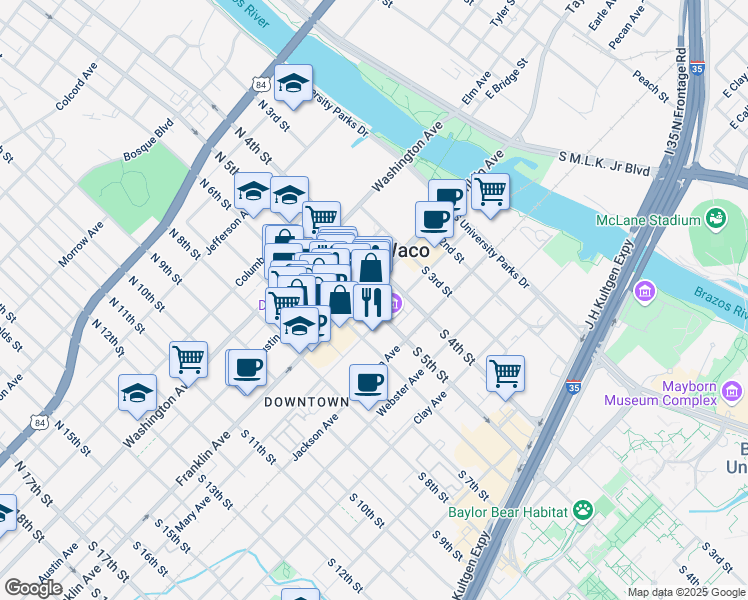 map of restaurants, bars, coffee shops, grocery stores, and more near 506 Franklin Avenue in Waco