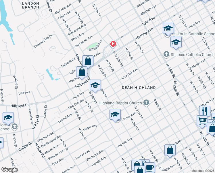 map of restaurants, bars, coffee shops, grocery stores, and more near 3225 Live Oak Avenue in Waco