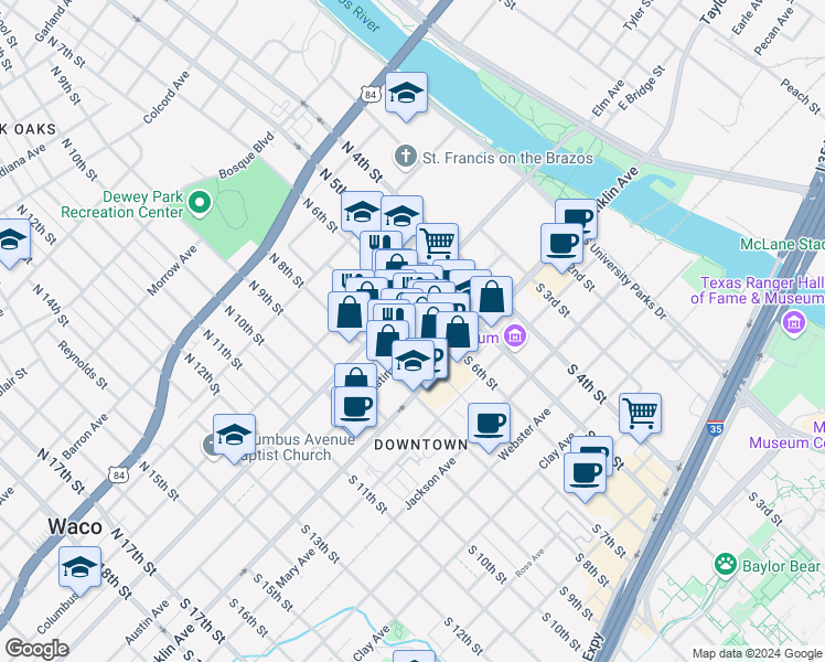 map of restaurants, bars, coffee shops, grocery stores, and more near 701 Austin Avenue in Waco