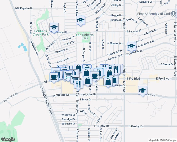 map of restaurants, bars, coffee shops, grocery stores, and more near 125 East Fry Boulevard in Sierra Vista