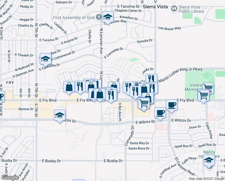 map of restaurants, bars, coffee shops, grocery stores, and more near 1580 Bella Vista Drive in Sierra Vista