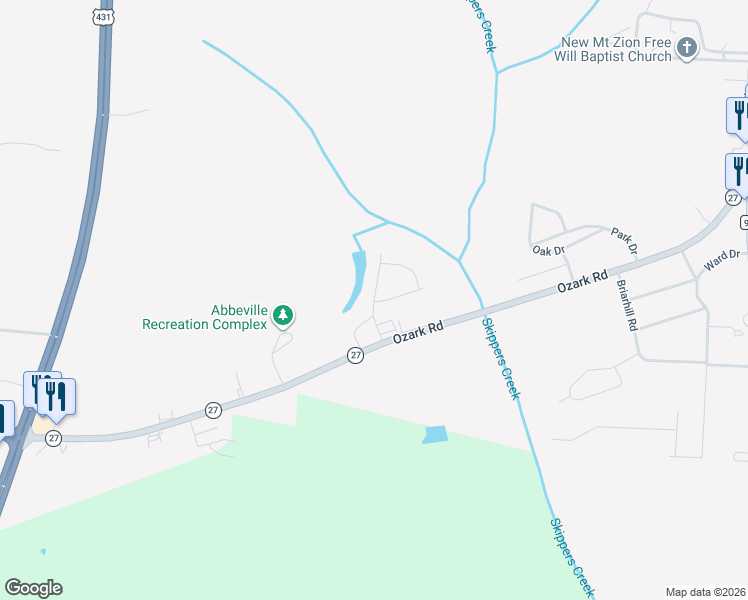 map of restaurants, bars, coffee shops, grocery stores, and more near 104 Jefferson Drive in Abbeville