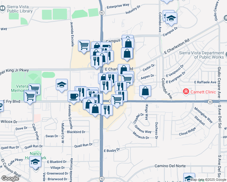 map of restaurants, bars, coffee shops, grocery stores, and more near North Highway 90 Bypass in Sierra Vista