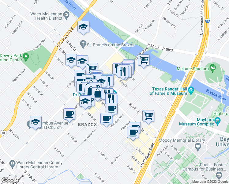 map of restaurants, bars, coffee shops, grocery stores, and more near 417 Mary Avenue in Waco