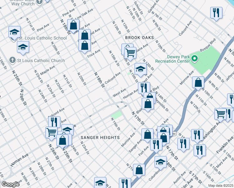 map of restaurants, bars, coffee shops, grocery stores, and more near 1107 North 17th Street in Waco