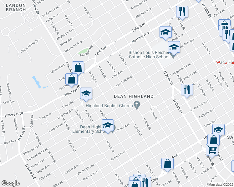 map of restaurants, bars, coffee shops, grocery stores, and more near 3026 Windsor Avenue in Waco