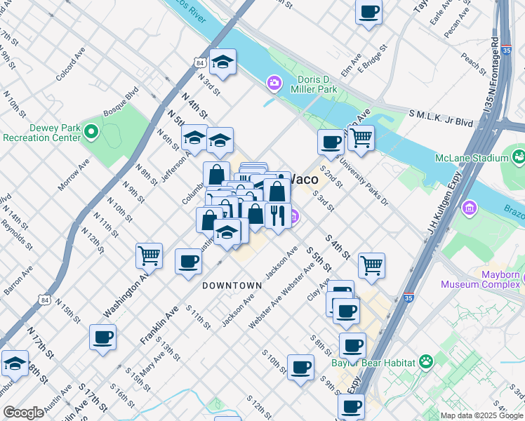 map of restaurants, bars, coffee shops, grocery stores, and more near 501 Franklin Avenue in Waco