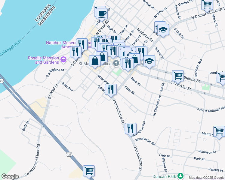 map of restaurants, bars, coffee shops, grocery stores, and more near 303 South Rankin Street in Natchez