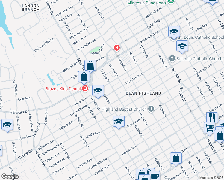 map of restaurants, bars, coffee shops, grocery stores, and more near 3225 Live Oak Avenue in Waco