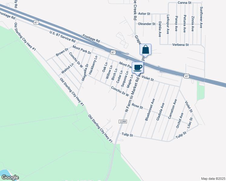 map of restaurants, bars, coffee shops, grocery stores, and more near 8019 Concho Drive West in Grape Creek