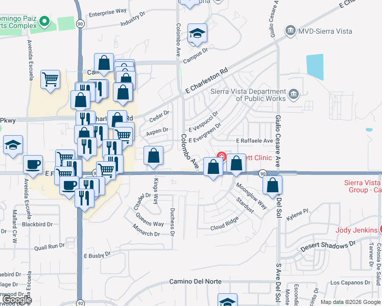 map of restaurants, bars, coffee shops, grocery stores, and more near 4835 East Forino Place in Sierra Vista