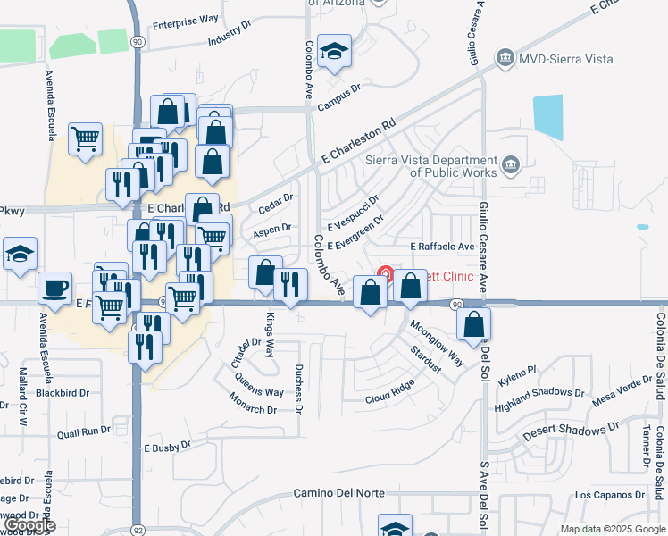 map of restaurants, bars, coffee shops, grocery stores, and more near 4839 East Forino Place in Sierra Vista