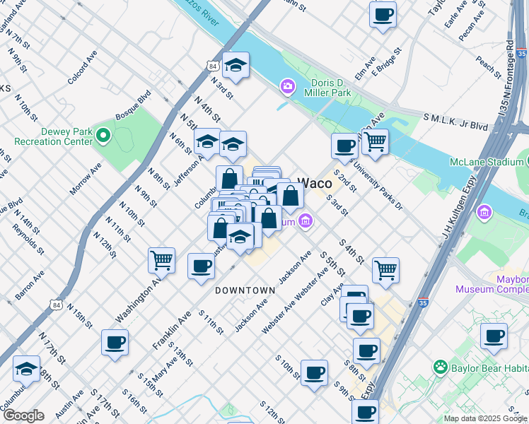 map of restaurants, bars, coffee shops, grocery stores, and more near 51 South 6th Street in Waco