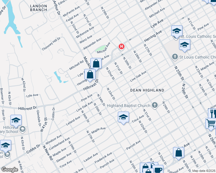 map of restaurants, bars, coffee shops, grocery stores, and more near 2200 Macarthur Drive in Waco