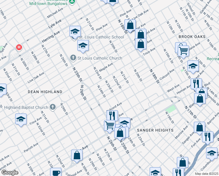 map of restaurants, bars, coffee shops, grocery stores, and more near 1601-1699 North 23rd Street in Waco