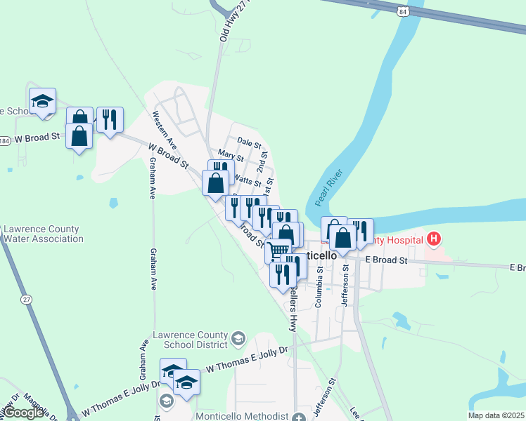map of restaurants, bars, coffee shops, grocery stores, and more near 309 Brookhaven Street in Monticello