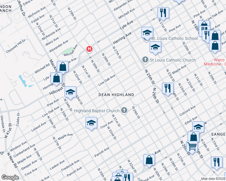 map of restaurants, bars, coffee shops, grocery stores, and more near 3001 Cumberland Avenue in Waco