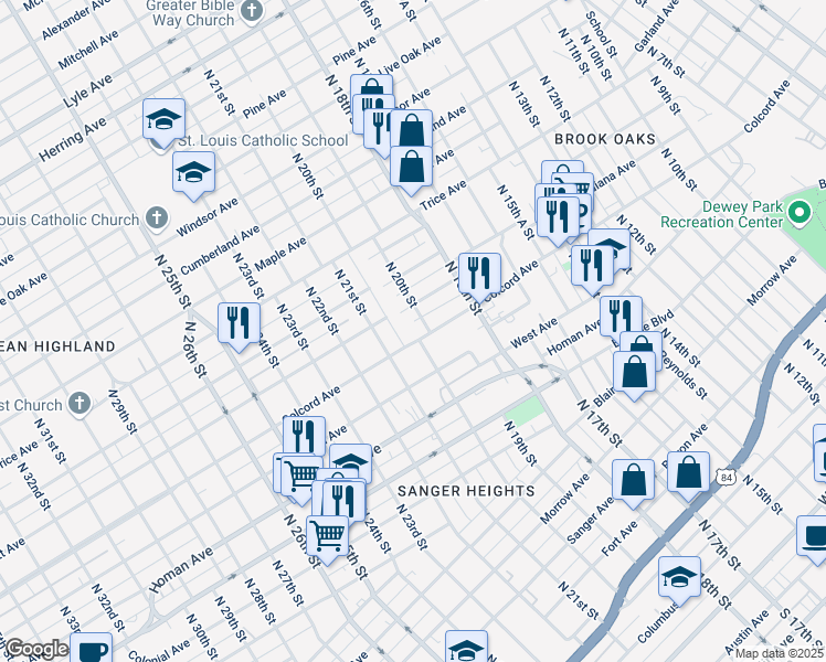 map of restaurants, bars, coffee shops, grocery stores, and more near 2000 Colcord Avenue in Waco