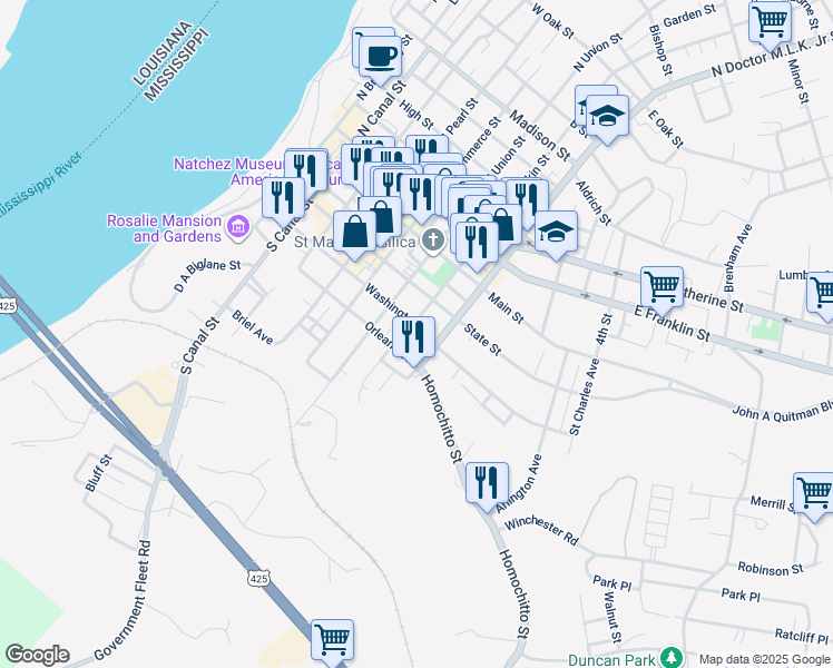 map of restaurants, bars, coffee shops, grocery stores, and more near 303 South Rankin Street in Natchez