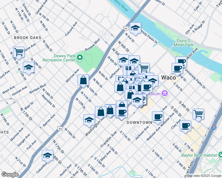 map of restaurants, bars, coffee shops, grocery stores, and more near 815 Columbus Avenue in Waco