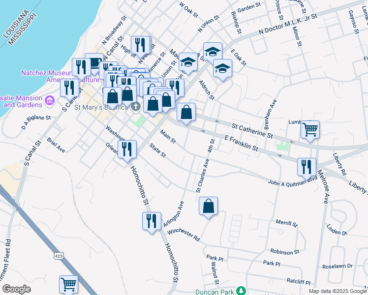 map of restaurants, bars, coffee shops, grocery stores, and more near 909 State Street in Natchez