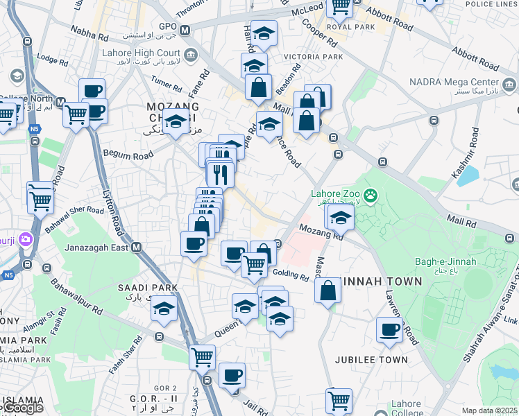 map of restaurants, bars, coffee shops, grocery stores, and more near 45 Mozang Road in Lahore