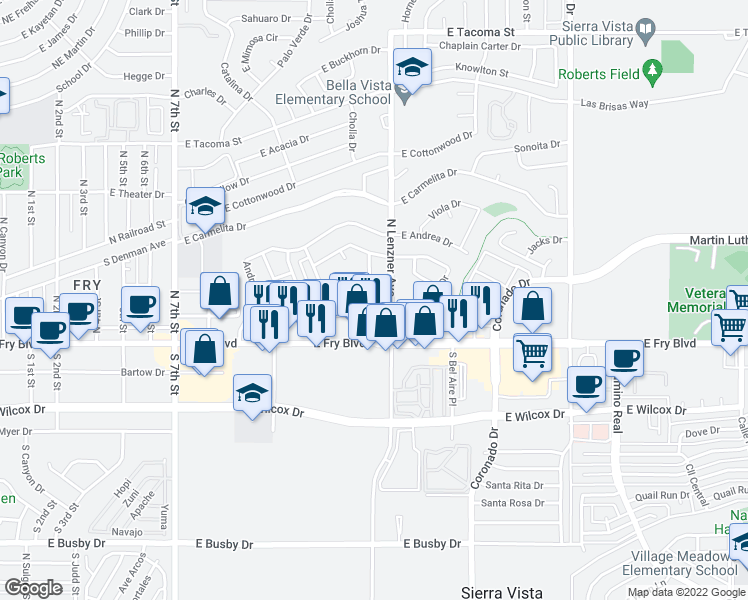 map of restaurants, bars, coffee shops, grocery stores, and more near 1433 Bella Vista Drive in Sierra Vista