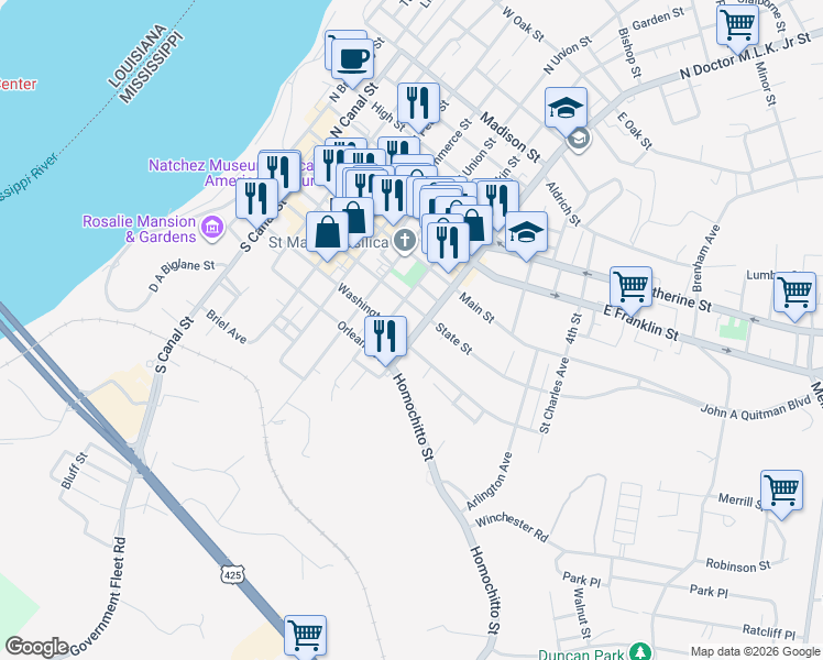 map of restaurants, bars, coffee shops, grocery stores, and more near 713 State Street in Natchez