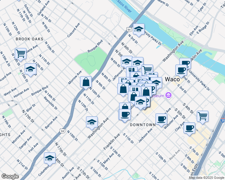 map of restaurants, bars, coffee shops, grocery stores, and more near 815 Columbus Avenue in Waco