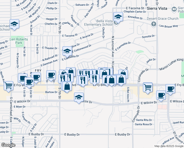 map of restaurants, bars, coffee shops, grocery stores, and more near 1165 Bella Vista Drive in Sierra Vista