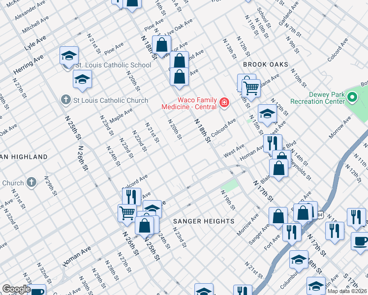 map of restaurants, bars, coffee shops, grocery stores, and more near 1920 Algonquin Street in Waco