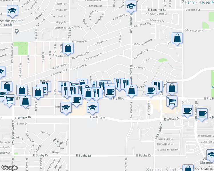 map of restaurants, bars, coffee shops, grocery stores, and more near 1165 Bella Vista Drive in Sierra Vista