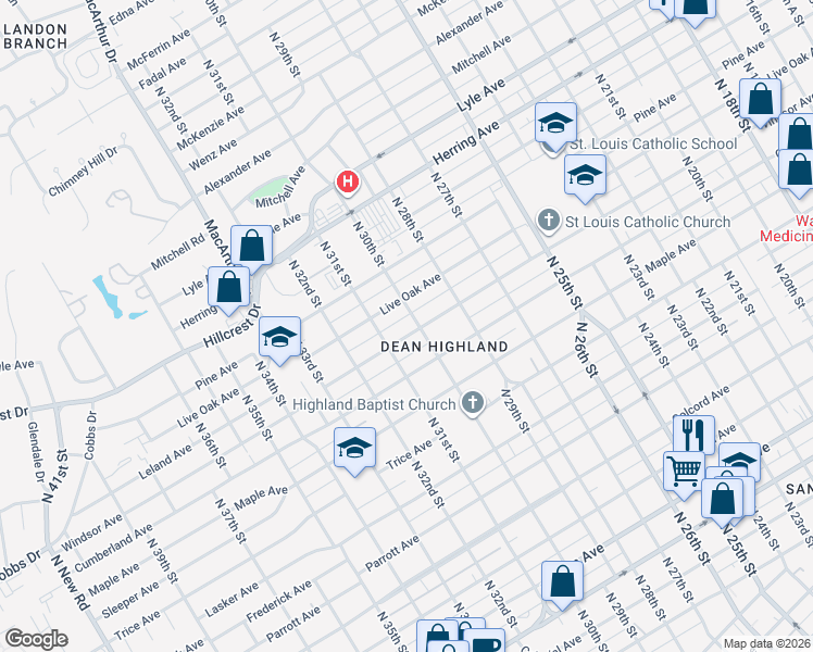 map of restaurants, bars, coffee shops, grocery stores, and more near 3006 Live Oak Avenue in Waco