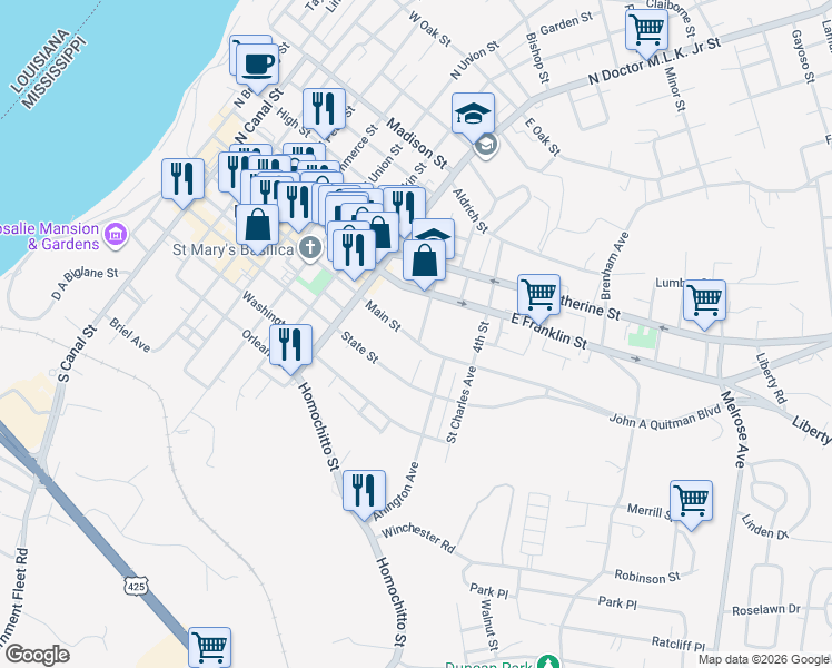 map of restaurants, bars, coffee shops, grocery stores, and more near 821 Main Street in Natchez