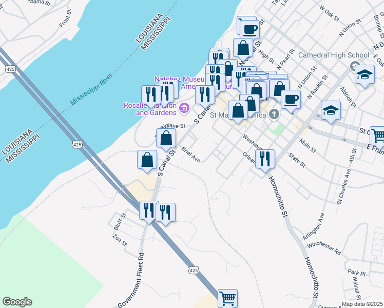 map of restaurants, bars, coffee shops, grocery stores, and more near 15 Briel Avenue in Natchez