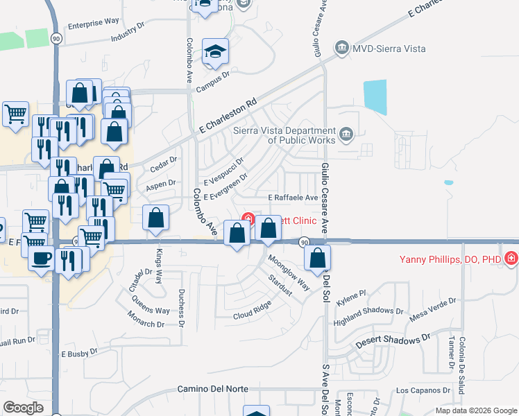 map of restaurants, bars, coffee shops, grocery stores, and more near 5021 East Raffaele Avenue in Sierra Vista