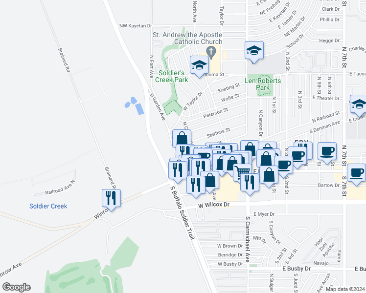 map of restaurants, bars, coffee shops, grocery stores, and more near 14 Whitton Street in Sierra Vista