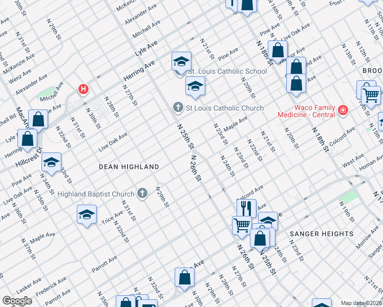 map of restaurants, bars, coffee shops, grocery stores, and more near 1901 North 25th Street in Waco